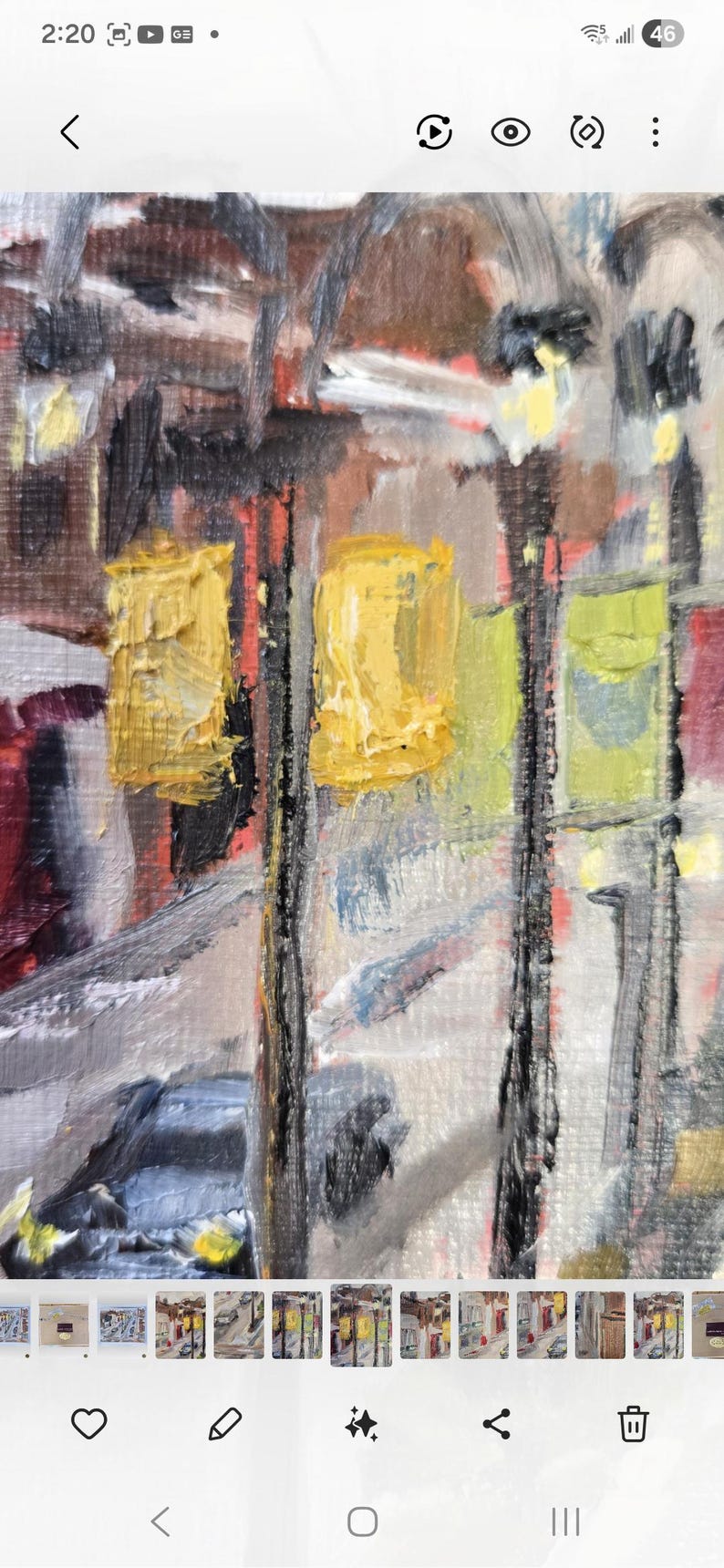 May include: Impressionistic oil painting depicting a city street scene. The artwork features textured brushstrokes and a palette of yellow, gray, red, and black. Two yellow rectangular shapes are prominent, possibly representing streetlights.