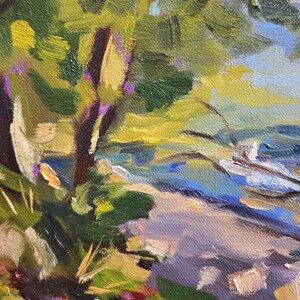 May include: A painting of a landscape with a tree in the foreground and a body of water in the background. The tree has green leaves and a brown trunk. The water is blue and has white waves. The painting is done in a loose, impressionistic style.