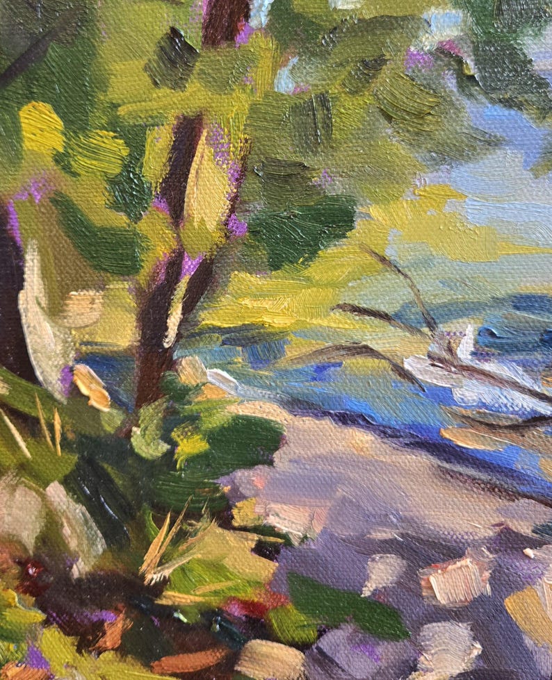 May include: A painting of a landscape with a tree in the foreground and a body of water in the background. The tree has green leaves and a brown trunk. The water is blue and has white waves. The painting is done in a loose, impressionistic style.