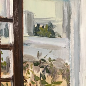 May include: A painting of a window with a view of a building and trees. The window is framed in brown wood and has a white pane. The view outside the window is painted in a loose, impressionistic style.
