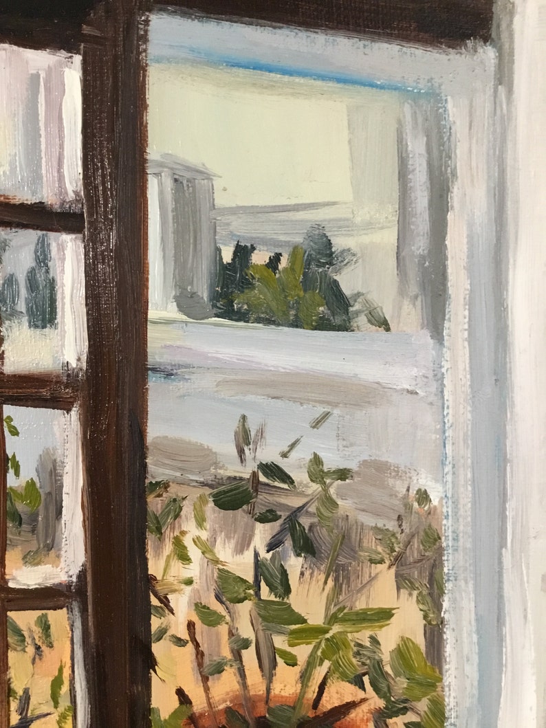May include: A painting of a window with a view of a building and trees. The window is framed in brown wood and has a white pane. The view outside the window is painted in a loose, impressionistic style.