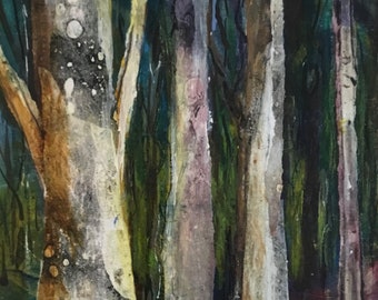 Small painting forest, trees, mixedmedia, on wood cradled panel