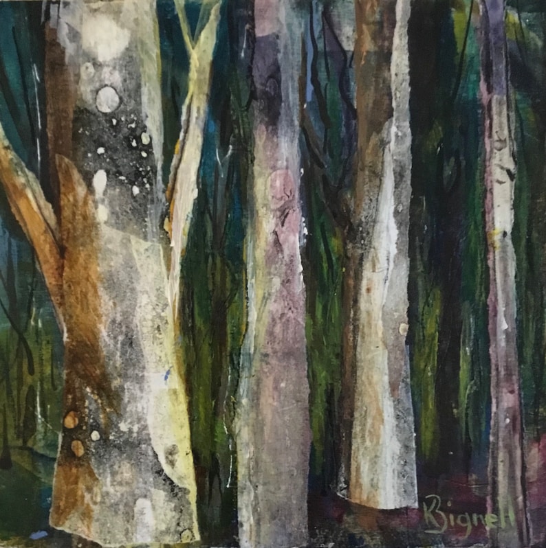 Small painting forest, trees, mixedmedia, on wood cradled panel bild 1