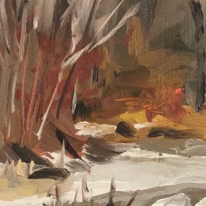 May include: A painting of a snowy forest scene with brown and white trees and a white snowy ground.