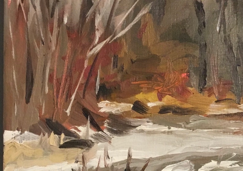 May include: A painting of a snowy forest scene with brown and white trees and a white snowy ground.