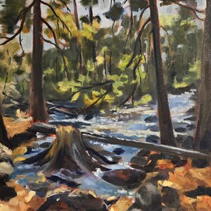 May include: Oil painting of a forest scene with a stream. The artwork features tall trees, a flowing stream, and a variety of colors, including greens, browns, and blues. The artist's signature is in the bottom right corner.