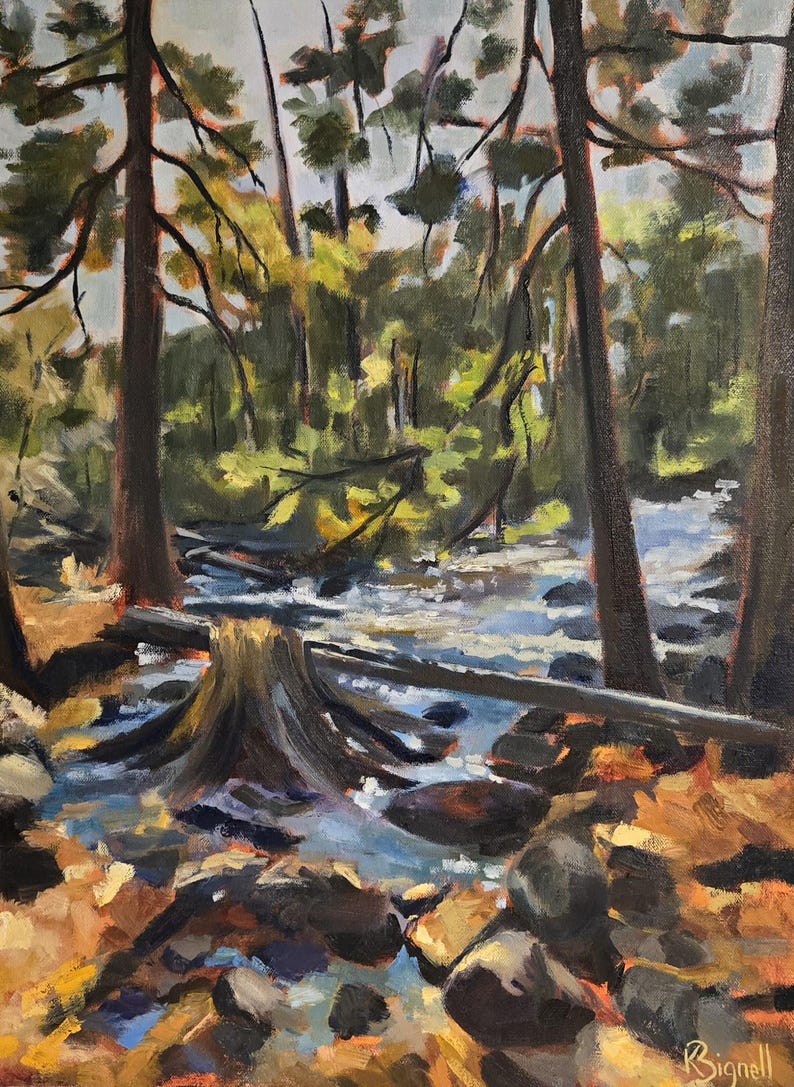 May include: Oil painting of a forest scene with a stream. The artwork features tall trees, a flowing stream, and a variety of colors, including greens, browns, and blues. The artist's signature is in the bottom right corner.