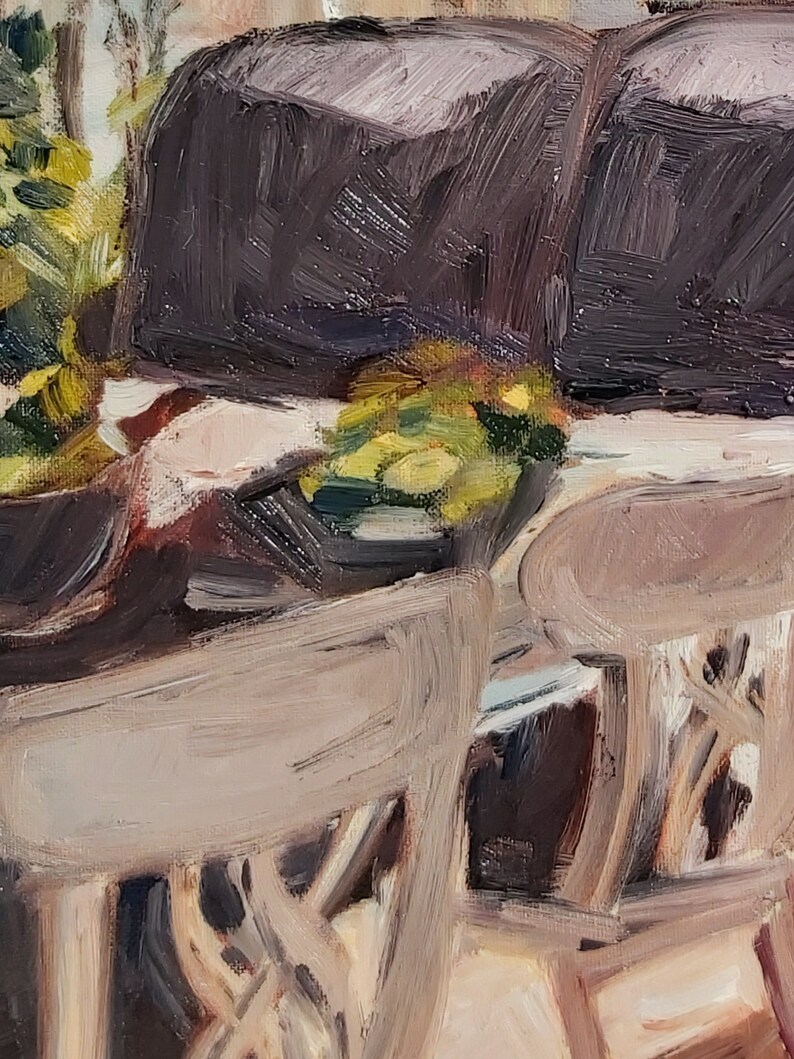 May include: A close-up of a still life painting featuring two chairs with brown wooden legs and a light brown seat. The chairs are positioned in front of a dark brown object, possibly a table or a piece of furniture. The painting is done in a loose, impressionistic style with visible brushstrokes.