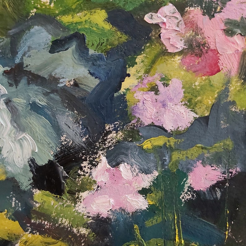 May include: Abstract painting with pink, blue, and green brushstrokes. The painting features a variety of shapes and textures, creating a dynamic and expressive composition.