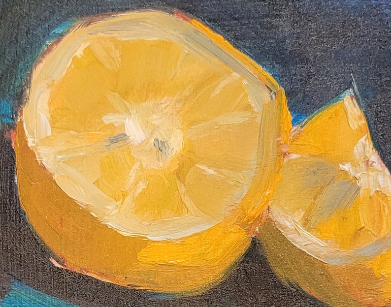 May include: A close-up of two lemon halves, one cut in half and the other cut into a wedge. The lemon halves are painted in a realistic style with yellow and white hues, and the background is a dark blue.