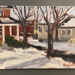 May include: A painting of a snowy winter scene with two houses and bare trees. The houses are painted in shades of red, brown, and gray. The trees are painted in shades of brown and black. The snow is painted in shades of white and gray.