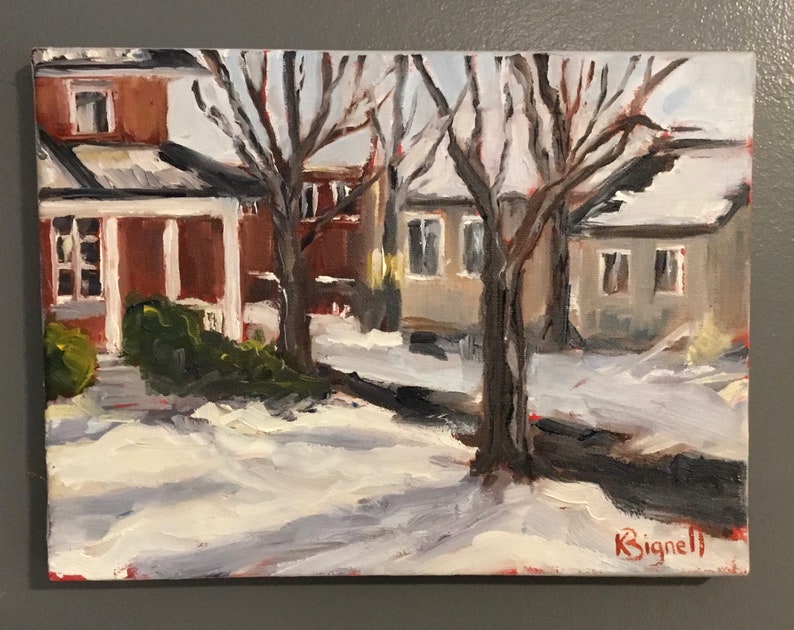May include: A painting of a snowy winter scene with two houses and bare trees. The houses are painted in shades of red, brown, and gray. The trees are painted in shades of brown and black. The snow is painted in shades of white and gray.