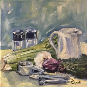 May include: An oil painting of a still life featuring a white pitcher, salt and pepper shakers, a red onion, garlic, celery, and herbs. The painting has a soft, impressionistic style with a light blue and green background.