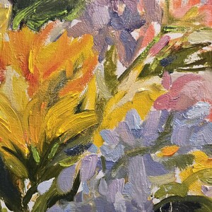 May include: An impressionistic oil painting of a floral arrangement. The bouquet features vibrant yellow, purple, and pink flowers with green stems and leaves. The brushstrokes are thick and textured, creating a dynamic and colorful composition.