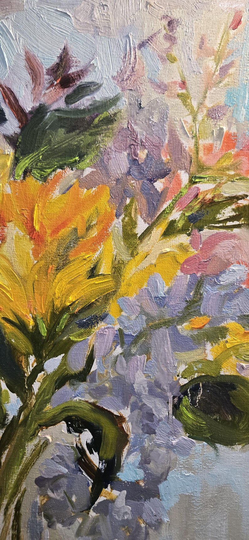 May include: An impressionistic oil painting of a floral arrangement. The bouquet features vibrant yellow, purple, and pink flowers with green stems and leaves. The brushstrokes are thick and textured, creating a dynamic and colorful composition.