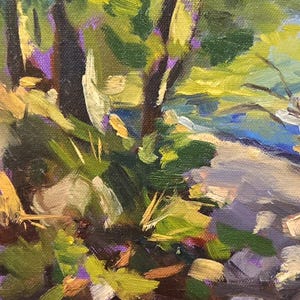 May include: A painting of a forest scene with green trees and a blue river in the background. The brushstrokes are visible and the colors are bright and vibrant.