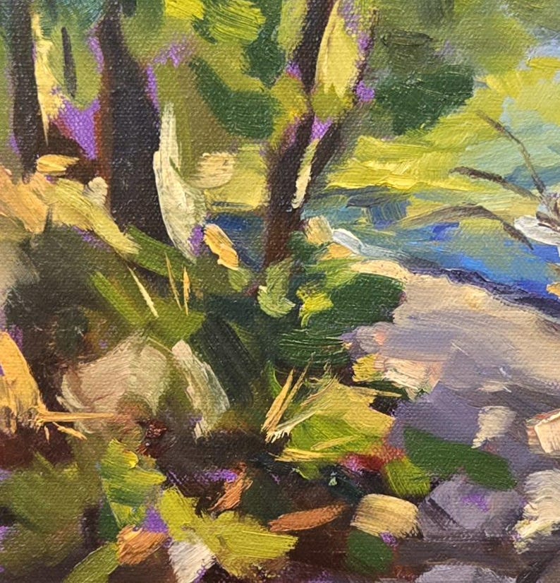 May include: A painting of a forest scene with green trees and a blue river in the background. The brushstrokes are visible and the colors are bright and vibrant.