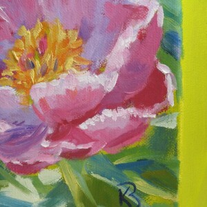 May include: A close-up of a pink peony flower with a yellow center. The flower is painted in a loose, impressionistic style with visible brushstrokes. The background is a vibrant green.