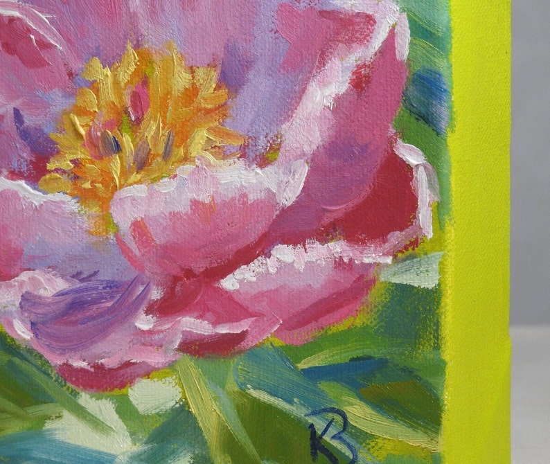 May include: A close-up of a pink peony flower with a yellow center. The flower is painted in a loose, impressionistic style with visible brushstrokes. The background is a vibrant green.