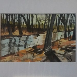 May include: A watercolor painting of a stream flowing through a forest. The water is a light blue with reflections of the trees. The trees are dark brown and green. The ground is a mix of brown, yellow, and green.