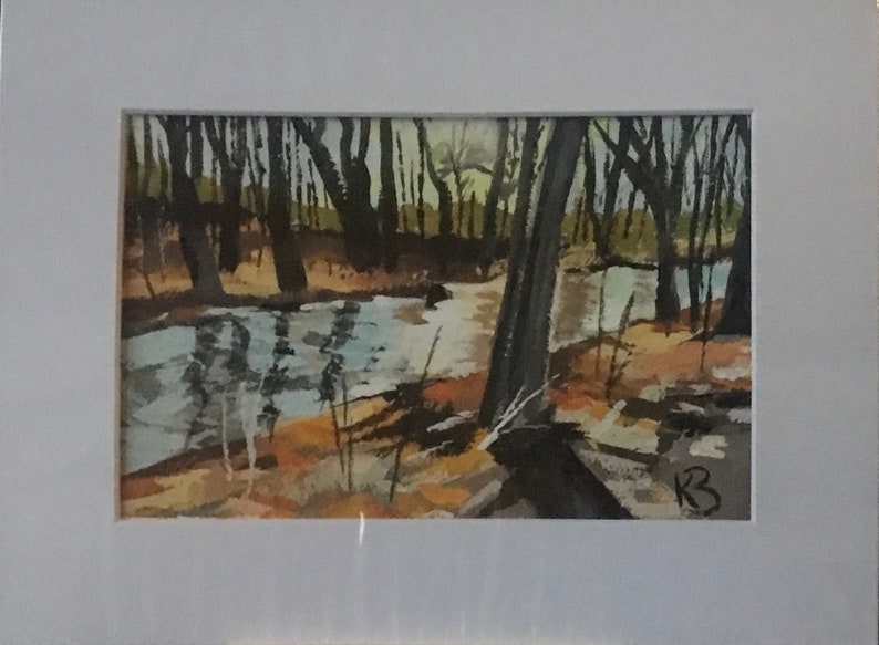 May include: A watercolor painting of a stream flowing through a forest. The water is a light blue with reflections of the trees. The trees are dark brown and green. The ground is a mix of brown, yellow, and green.