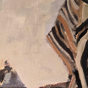 May include: Abstract oil painting with a palette of blues, browns, and whites. The artwork features a stylized depiction of a building and a night sky with a moon. The brushstrokes are visible, adding texture to the piece. The text "A TE" is visible in the lower left corner.