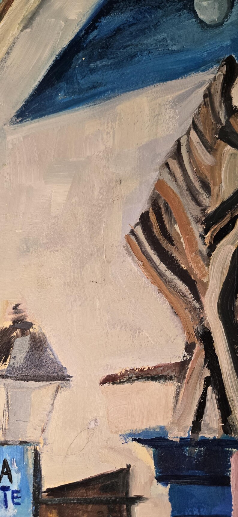 May include: Abstract oil painting with a palette of blues, browns, and whites. The artwork features a stylized depiction of a building and a night sky with a moon. The brushstrokes are visible, adding texture to the piece. The text "A TE" is visible in the lower left corner.