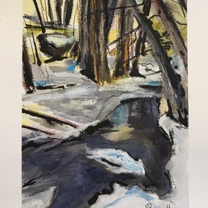 May include: Abstract watercolor painting of a forest scene with trees and a stream. The painting is done in shades of gray, blue, and brown. The artist's signature, "Bignell", is in the bottom right corner.