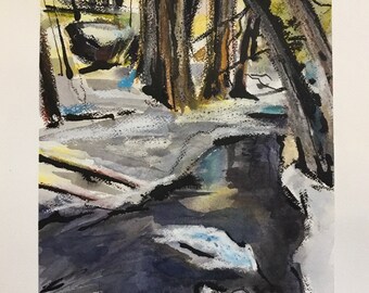 Mixed Media painting on Paper,  winter in forest, stream, trees, nature, fine art