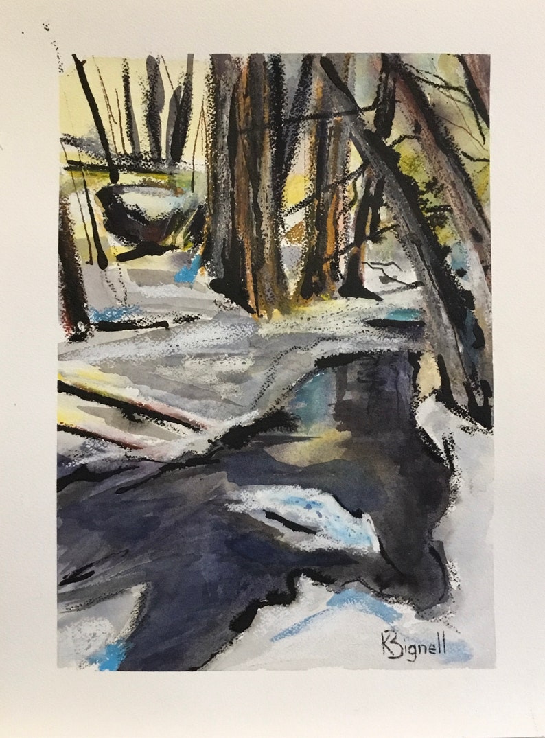 May include: Abstract watercolor painting of a forest scene with trees and a stream. The painting is done in shades of gray, blue, and brown. The artist's signature, "Bignell", is in the bottom right corner.