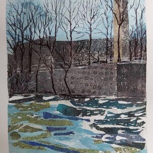 May include: An abstract landscape print featuring a river with blue and green water, a gray stone wall, and bare trees against a light blue sky. The artwork has a textured appearance, with visible brushstrokes and a muted color palette.