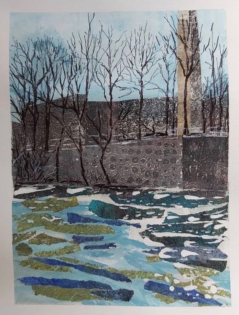 May include: An abstract landscape print featuring a river with blue and green water, a gray stone wall, and bare trees against a light blue sky. The artwork has a textured appearance, with visible brushstrokes and a muted color palette.