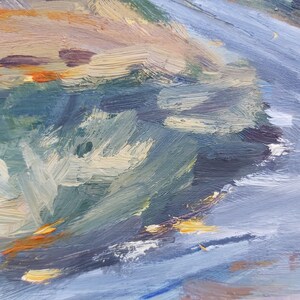 May include: Abstract painting with thick brushstrokes in shades of blue, green, yellow, and orange. The painting has a textured surface and a dynamic composition.