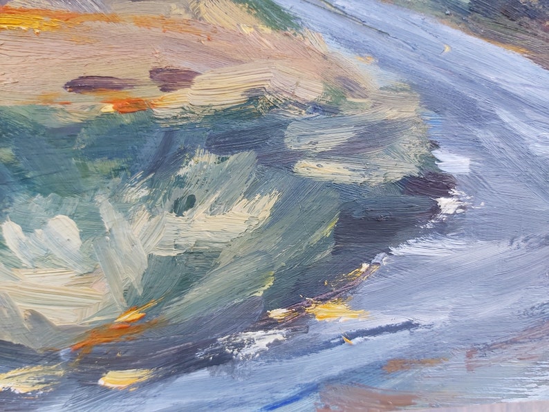 May include: Abstract painting with thick brushstrokes in shades of blue, green, yellow, and orange. The painting has a textured surface and a dynamic composition.