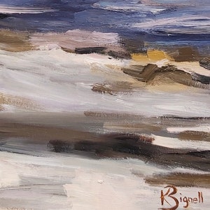 May include: An oil painting with a landscape theme. The artwork features broad brushstrokes in shades of white, gray, brown, and blue. The artist's signature, "Bignell," is visible in the lower right corner. The painting evokes a sense of a serene, possibly coastal, scene.