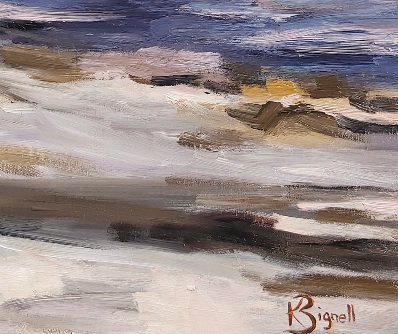 May include: An oil painting with a landscape theme. The artwork features broad brushstrokes in shades of white, gray, brown, and blue. The artist's signature, "Bignell," is visible in the lower right corner. The painting evokes a sense of a serene, possibly coastal, scene.