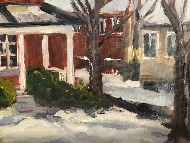 May include: A painting of a brick house with a white porch and a snow-covered yard. There are two bare trees in the foreground.