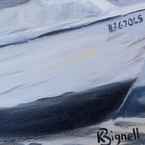 May include: A close-up of a painting of a boat with the number "13670LS" and the artist's signature "R. Signell" in the bottom right corner.