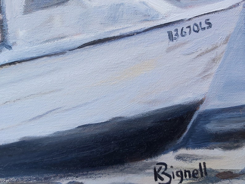May include: A close-up of a painting of a boat with the number "13670LS" and the artist's signature "R. Signell" in the bottom right corner.