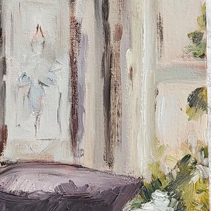 May include: A painting of a room with a window and a dark brown piece of furniture. The window is open and there are green plants outside. The furniture is in the foreground and is partially obscured by the plants.