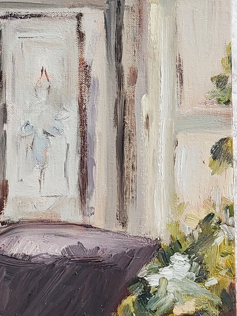 May include: A painting of a room with a window and a dark brown piece of furniture. The window is open and there are green plants outside. The furniture is in the foreground and is partially obscured by the plants.