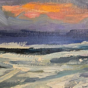 May include: Oil painting of a seascape with a vibrant sunset. The sky transitions from light blue to orange and pink, with dark clouds. The ocean is depicted with white and blue brushstrokes.
