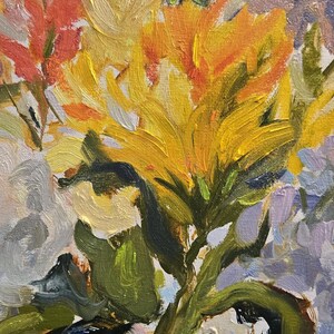 May include: An oil painting of a bouquet of flowers. The flowers are painted with thick brushstrokes in shades of yellow, orange, and purple. The painting has a textured, impressionistic style.