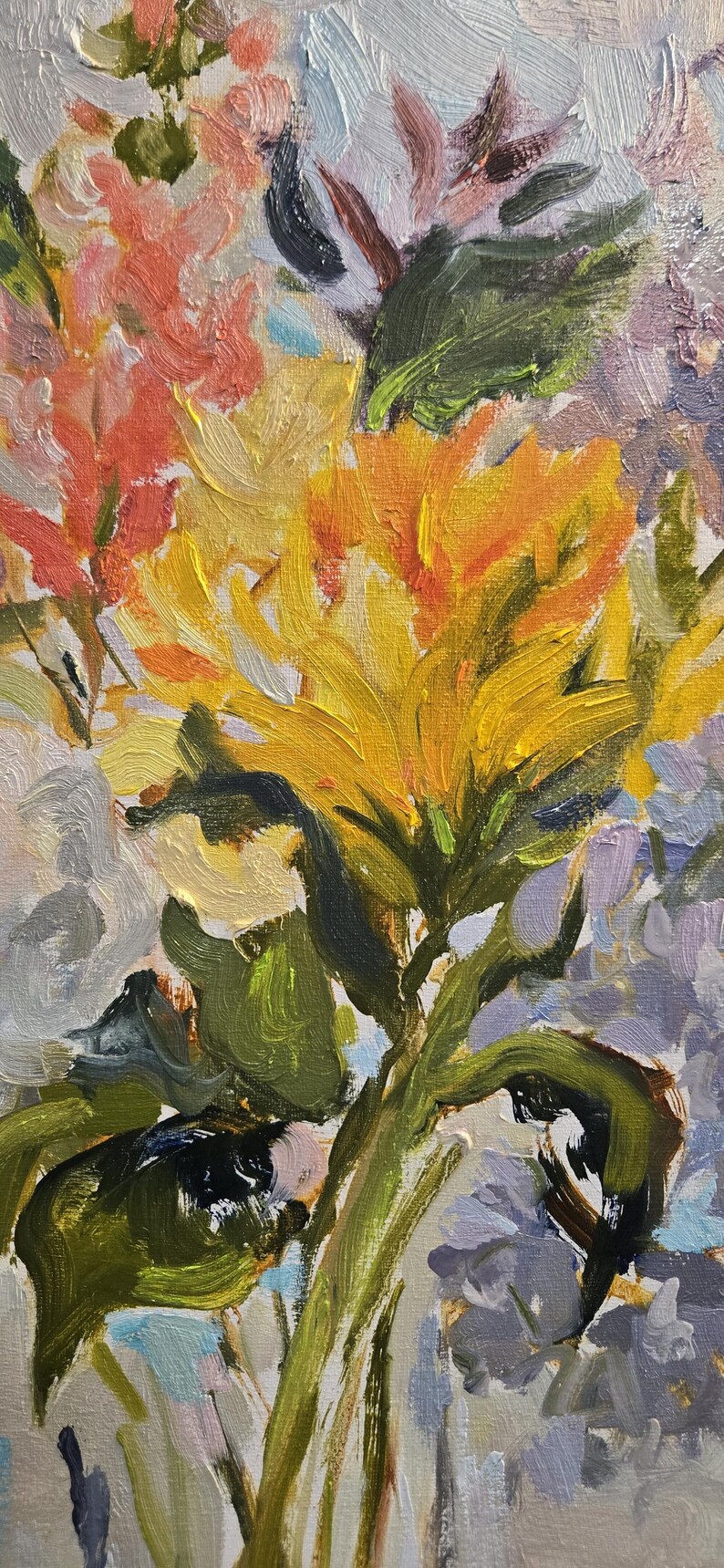 May include: An oil painting of a bouquet of flowers. The flowers are painted with thick brushstrokes in shades of yellow, orange, and purple. The painting has a textured, impressionistic style.