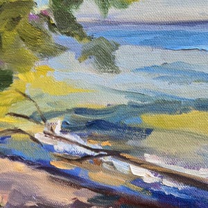 May include: A painting of a seascape with a green tree in the foreground. The water is blue and green, and the sky is a light blue. The painting is done in a loose, impressionistic style.