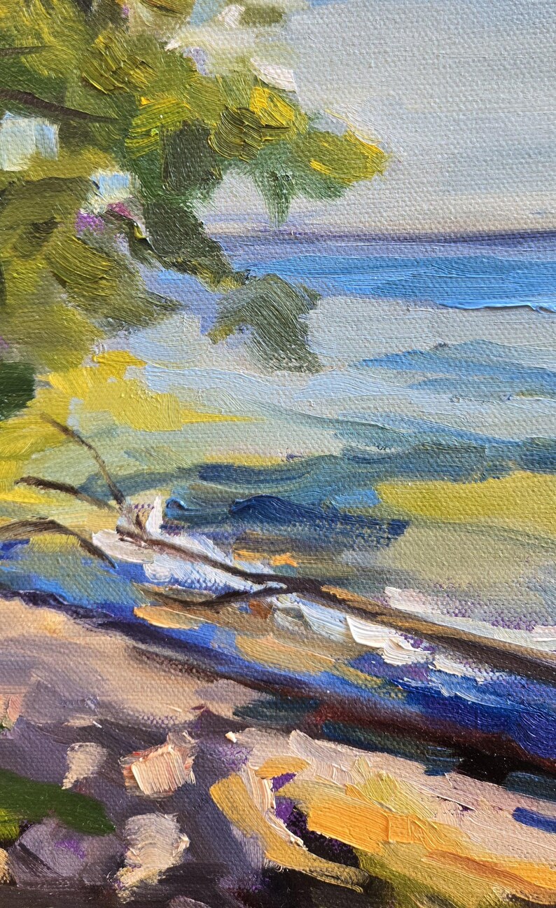 May include: A painting of a seascape with a green tree in the foreground. The water is blue and green, and the sky is a light blue. The painting is done in a loose, impressionistic style.