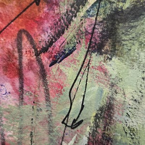 May include: An abstract painting featuring layered textures and colors including sage green, deep red, and hints of yellow. The composition is marked by bold, thin black ink lines that traverse the surface, with the signature Bigell in the corner.