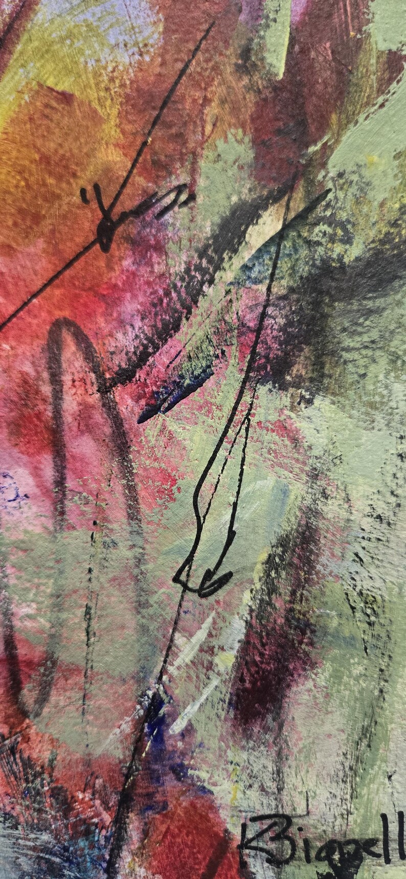 May include: An abstract painting featuring layered textures and colors including sage green, deep red, and hints of yellow. The composition is marked by bold, thin black ink lines that traverse the surface, with the signature Bigell in the corner.