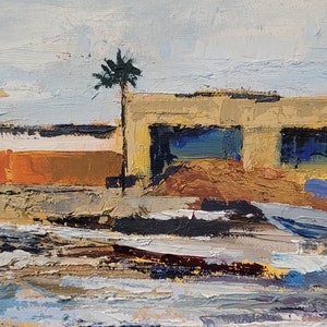 May include: Impressionistic oil painting of a building with a palm tree. The building has a tan facade with blue windows and an orange section. The sky is light blue, and the foreground is a textured mix of colors.