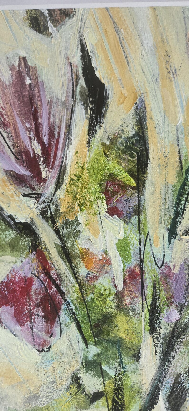 Pode incluir: Uma pintura abstrata com pinceladas em camadas em tons de creme, verde s&aacute;lvia, bord&ocirc; profundo e preto. A composi&ccedil;&atilde;o exibe uma aplica&ccedil;&atilde;o de tinta texturizada com linhas verticais vis&iacute;veis e formas org&acirc;nicas que criam uma sensa&ccedil;&atilde;o de profundidade.
